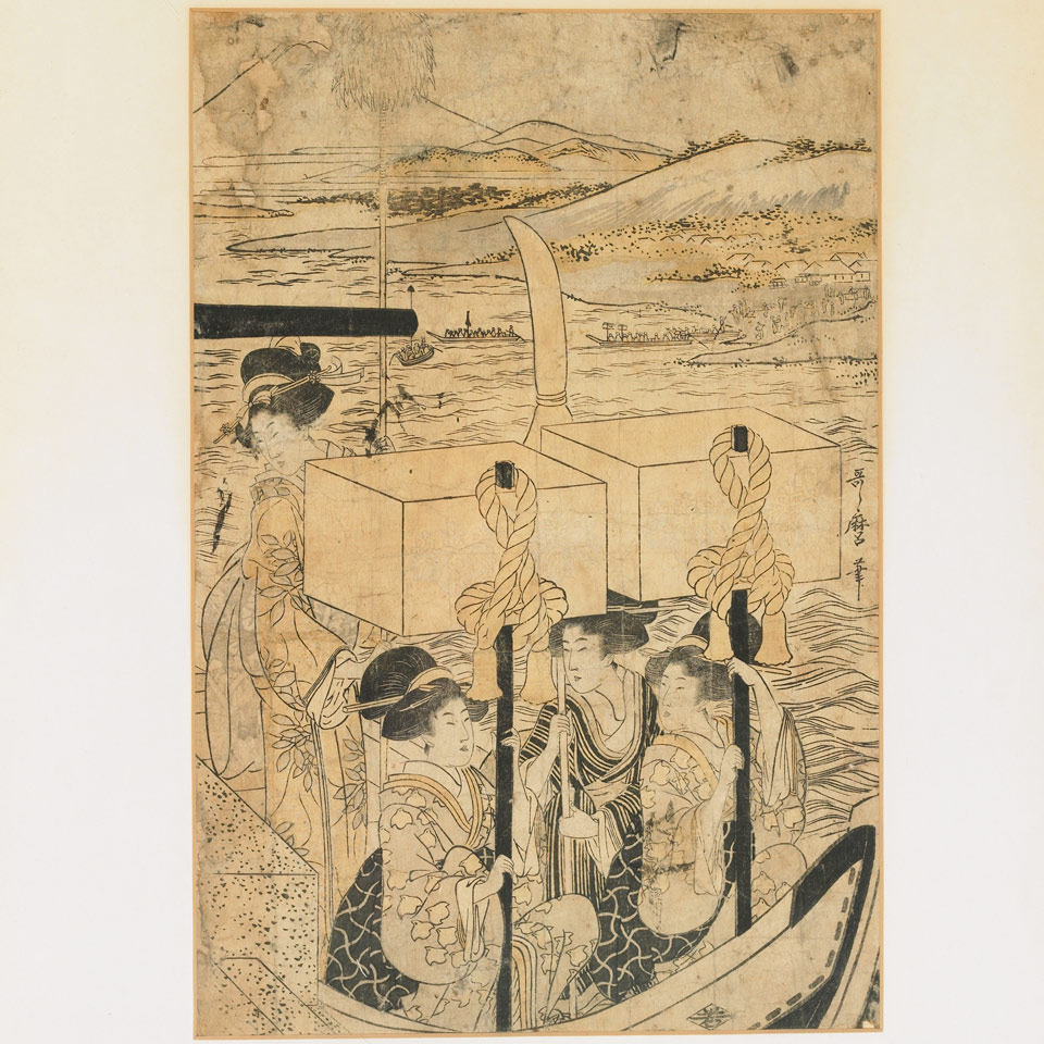 Appraisal: Utamaro - FOUR WOMEN IN A BOAT Oban tate-e Framed