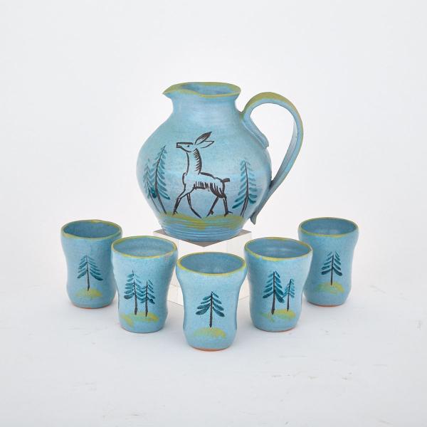 Appraisal: Canadian Turquoise Glazed Pottery Jug and Five Tumblers mid- th