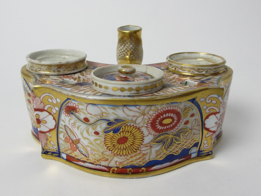 Appraisal: An English porcelain Imari design inkwell with recessed covered wells