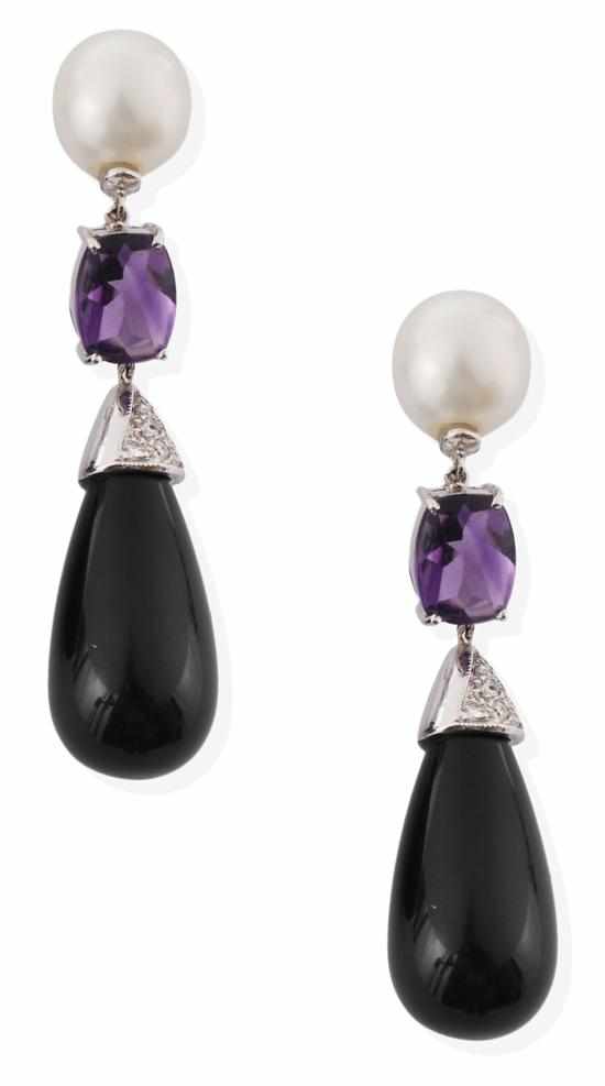 Appraisal: A PAIR OF SOUTH SEA PEARL AND GEM SET EARRINGS