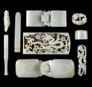 Appraisal: Chinese carved jade to include belt buckles a dragon plaque