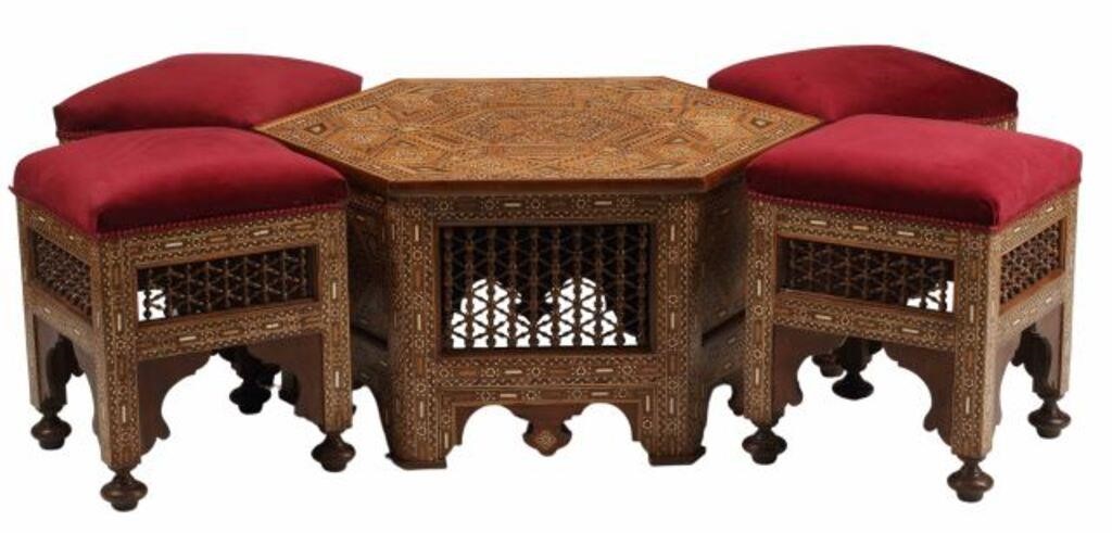 Appraisal: lot of Moorish style inlaid table and stools including table