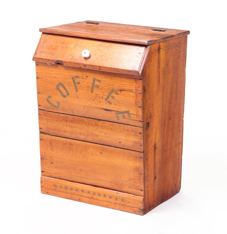 Appraisal: Circa pine Hinged lid canted front re-stenciled stars and Coffee