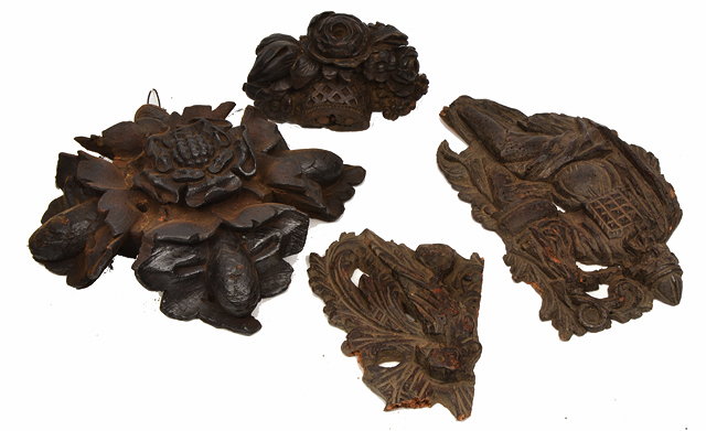 Appraisal: THREE ANTIQUE CARVED WOODEN ELEMENTS to include a Tudor rose