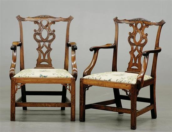 Appraisal: Pair Chinese Chippendale style carved mahogany armchairs circa yoked crest