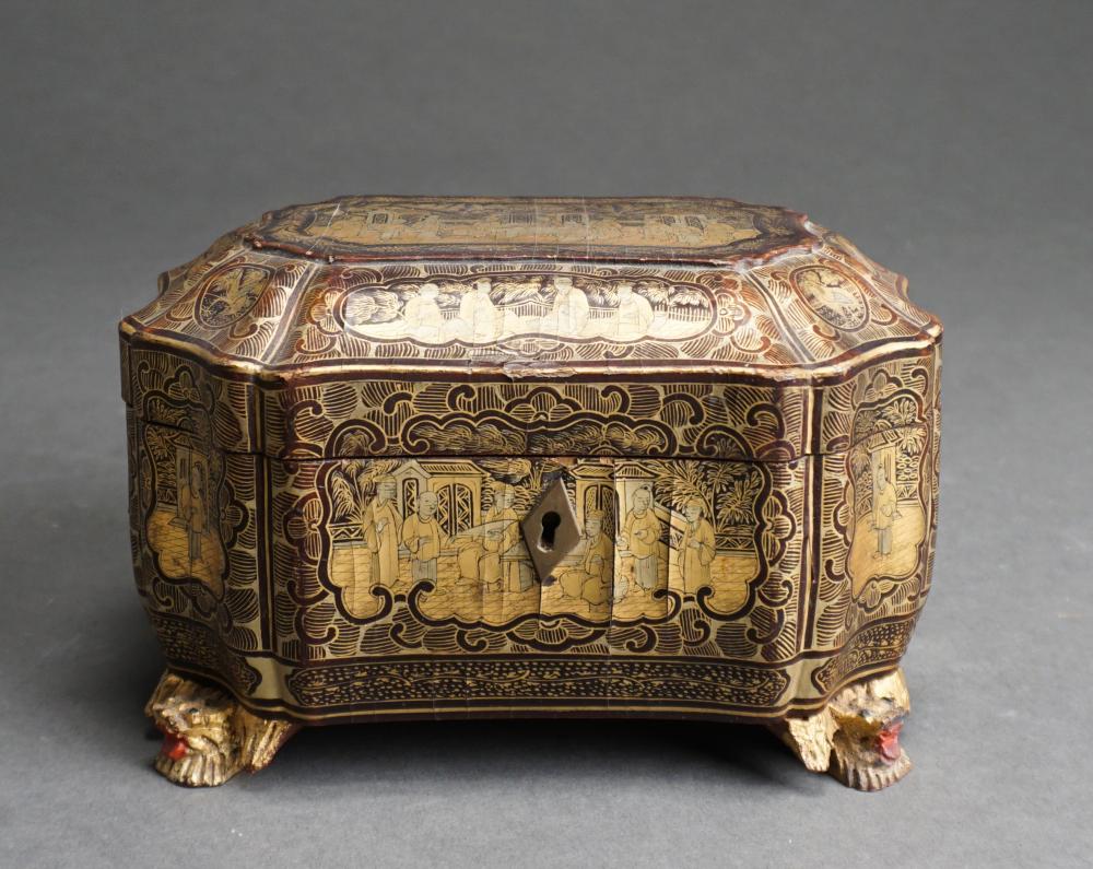 Appraisal: Georgian Style Japanned Gilt Decorated Scalloped Tea Caddy H in