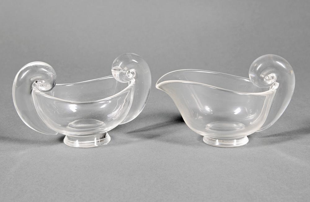 Appraisal: Vintage Steuben Glass Snail-Scroll Sugar Bowl and Cream Pitcher etched