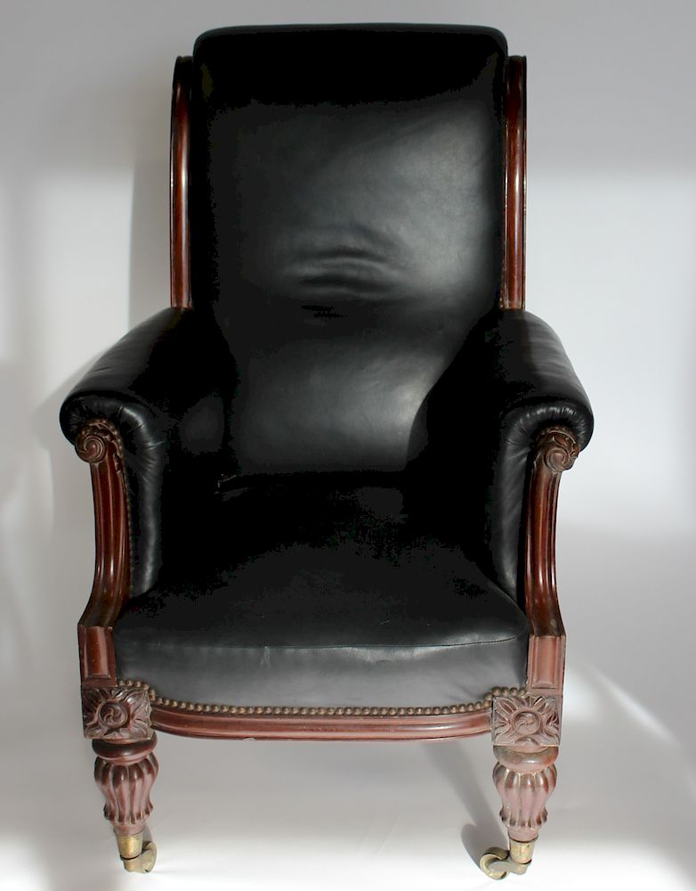 Appraisal: Antique Leather Upholstered High back Arm Chair From a Greenwich