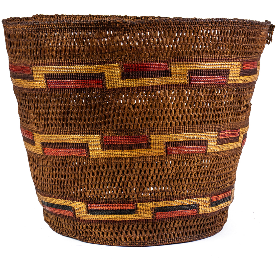 Appraisal: A TLINGIT POLYCHROME CEDAR ROOT BASKET A Tlingit polychrome cedar