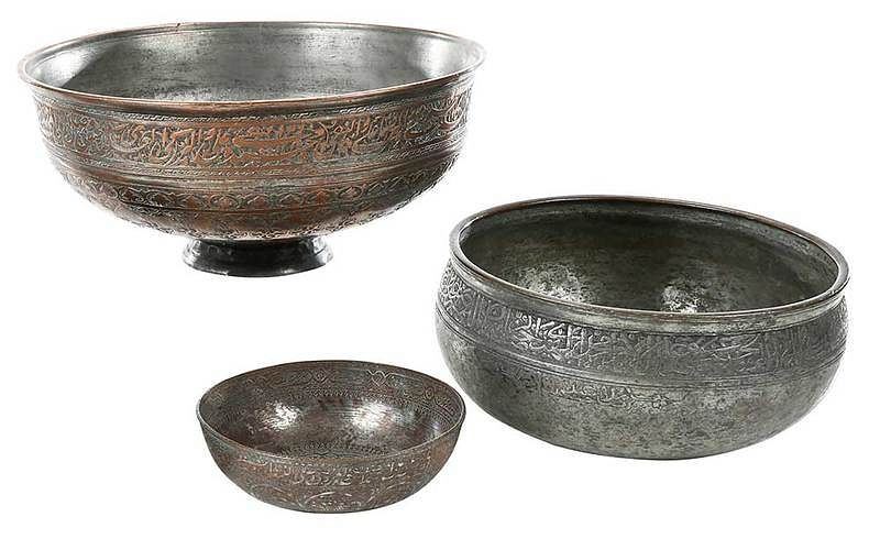 Appraisal: Three Early Islamic Engraved Tinned Copper Bowls comprising two late