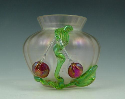 Appraisal: WILHELM KRALIK SOHN BOHEMIAN IRIDESCENT ART GLASS CHERRY VASE Applied