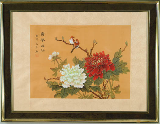 Appraisal: SIGNED Japanese th Century BIRDS AND FLOWERS Watercolor scene shows