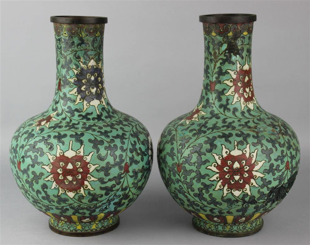 Appraisal: PAIR OF CHINESE CLOISONNE ENAMEL VASES MING FOUR CHARACTER MARK