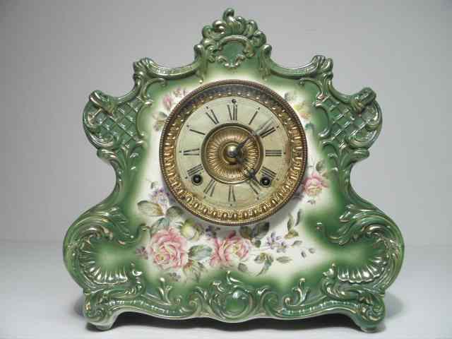 Appraisal: Ansonia Clock Co Dresden porcelain hand-painted mantle clock Painted green