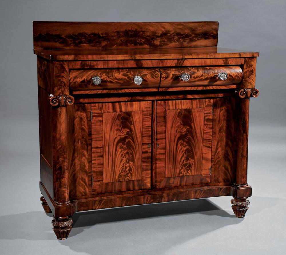 Appraisal: American Classical Carved Mahogany Sideboard early th c rectangular backsplash