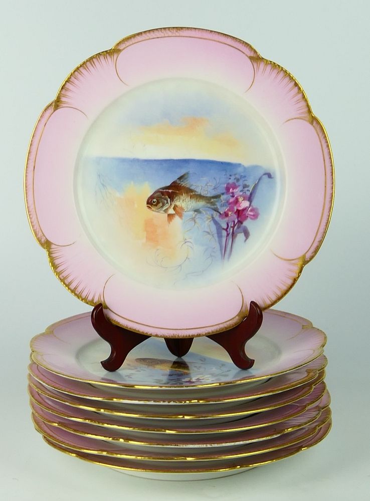 Appraisal: SET FABULOUS ANTIQUE HAND PAINTED FISH PLATES Distributed and done