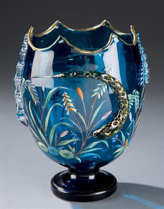 Appraisal: Blue Moser style vase Decorated with floral motif and glass