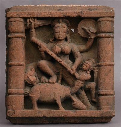 Appraisal: INDIAN CARVED RED SANDSTONE RELIEF PANEL Depicting a -armed female