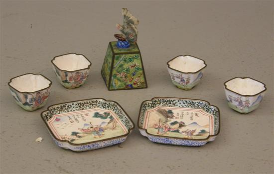 Appraisal: Four Chinese enamelled four lobed metal tea bowls and and