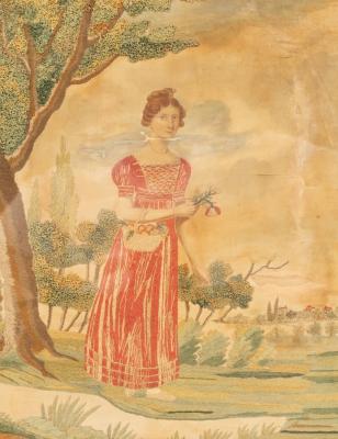 Appraisal: An early th Century needlework picture of a woman wearing