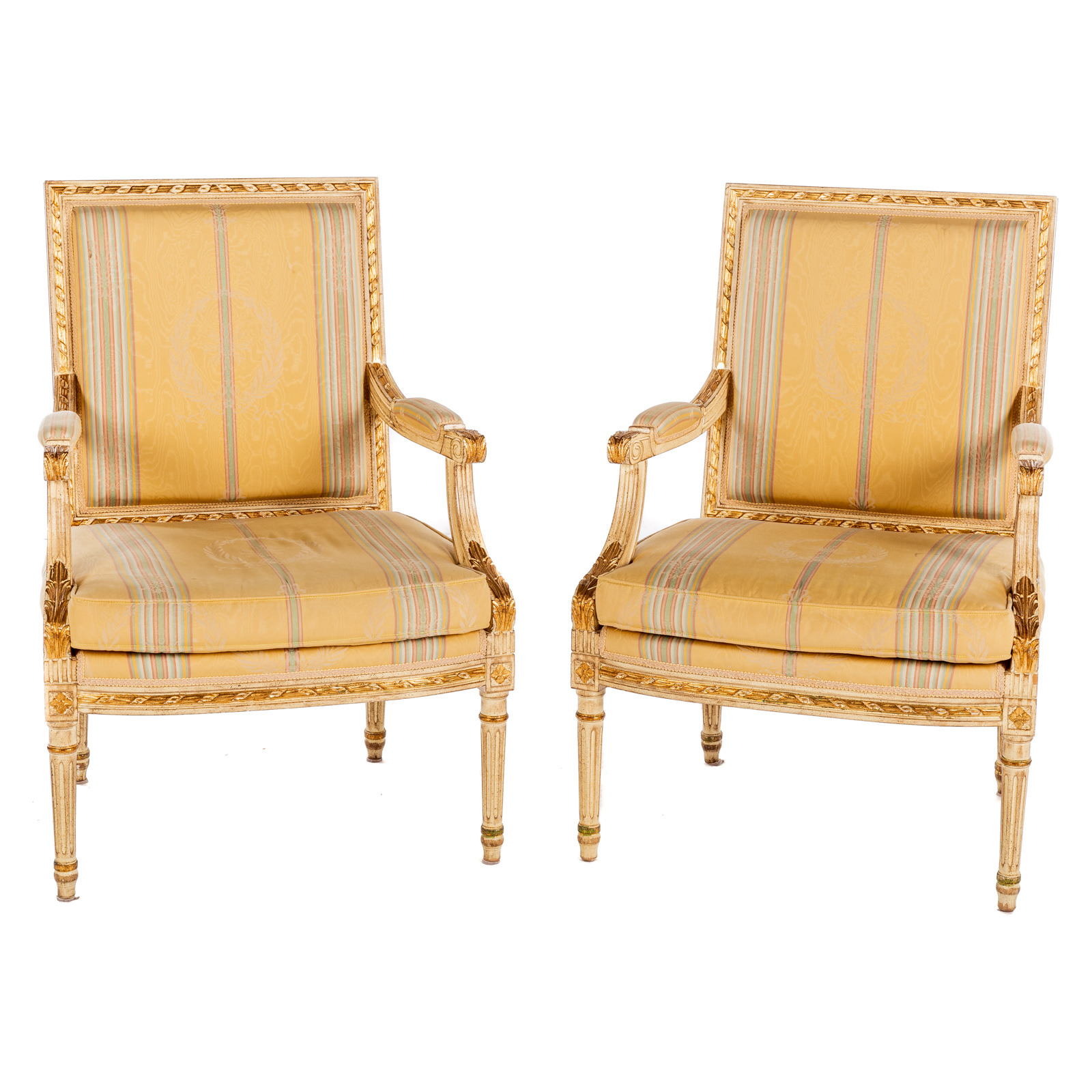 Appraisal: A PAIR OF LOUIS XVI STYLE PAINTED WOOD ARMCHAIRS th