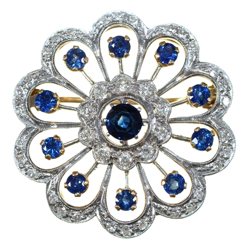 Appraisal: A sapphire and diamond openwork brooch millegrain set in gold