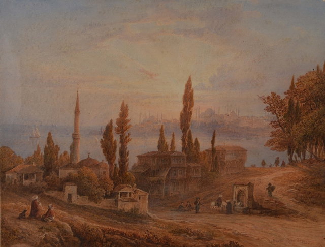 Appraisal: TH CENTURY SCHOOLMiddle Eastern landscape at sunset possibly Istanbul bears