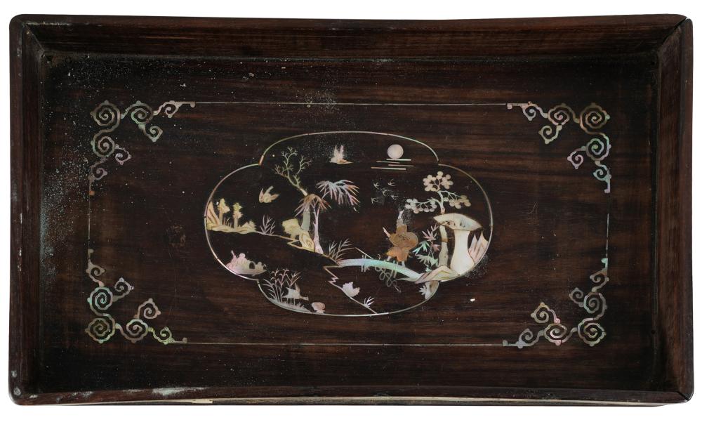 Appraisal: CHINESE MOTHER OF PEARL-INLAID WOOD TRAYdepicting a landscape inches wide