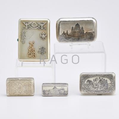 Appraisal: THREE RUSSIAN CIGARETTE CASES AND TWO SNUFF BOXES Niello scenic