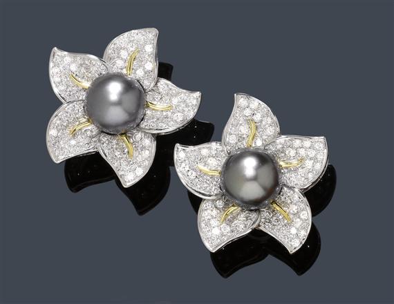 Appraisal: DIAMOND AND PEARL EAR CLIPS White and yellow gold Attractive