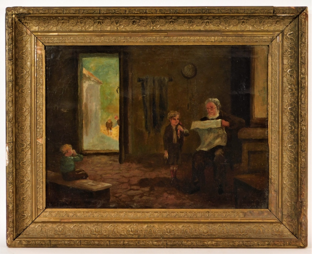 Appraisal: C AMERICAN ILLUMINATED INTERIOR GENRE PAINTING United States th CenturyDepicting