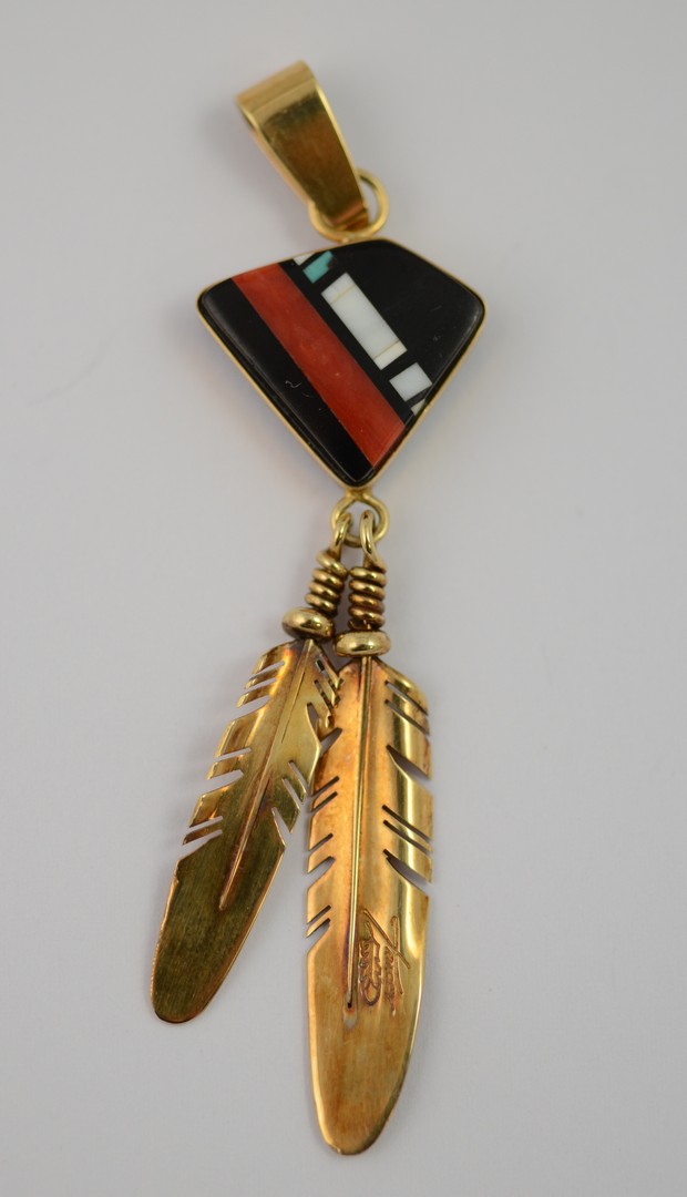 Appraisal: Ray Tracey Navajo K gold pendant with stone inlay long