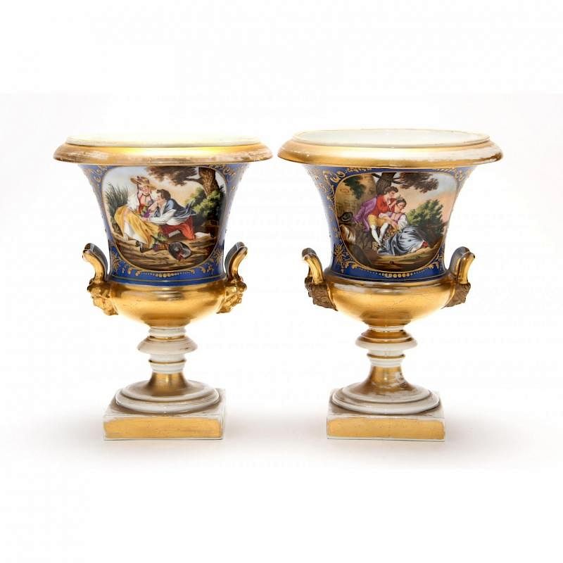 Appraisal: Pair of Paris Porcelain Mantle Urns late th century gilt