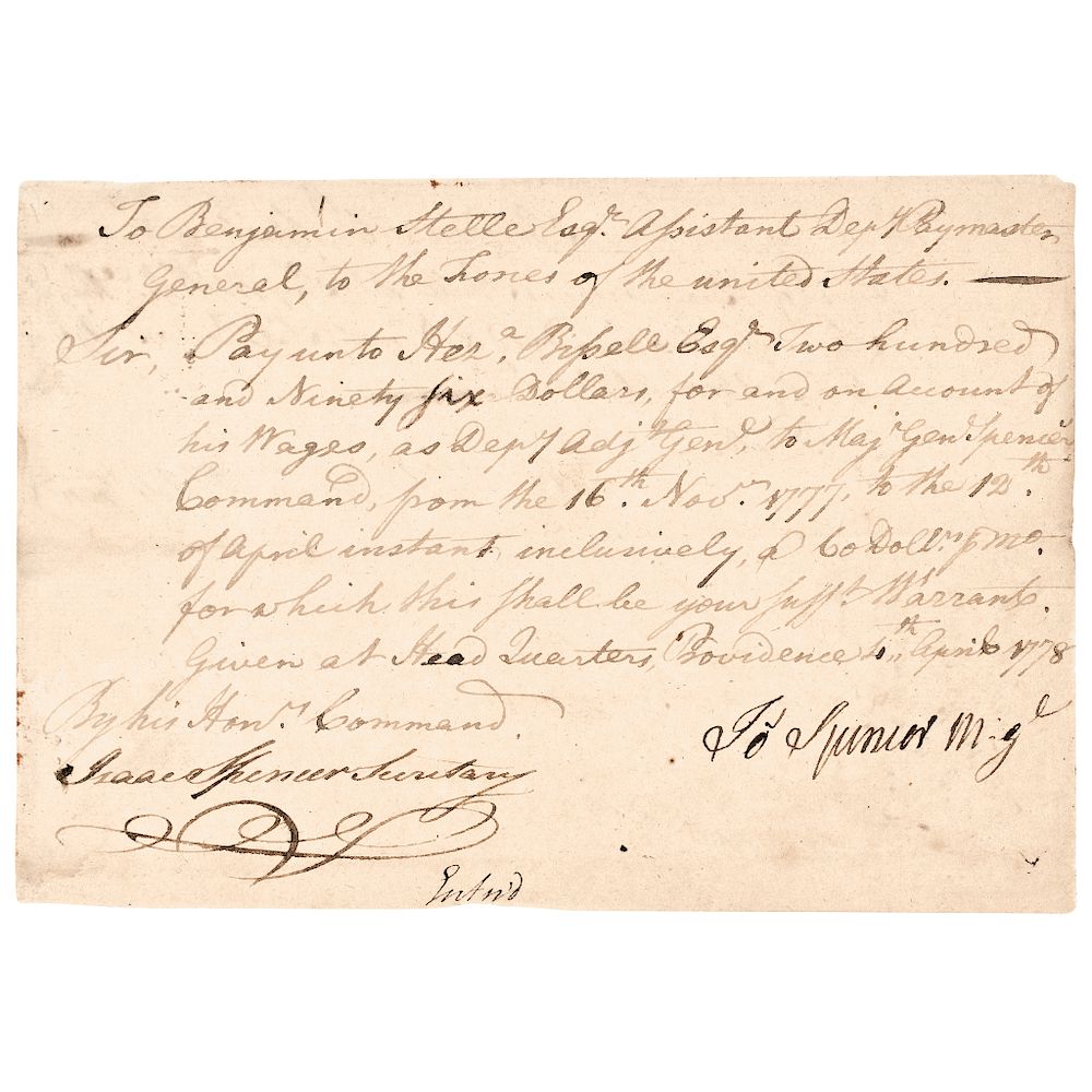 Appraisal: JOSEPH SPENCER Continental Army Major General Signed Manuscript Document Autographs