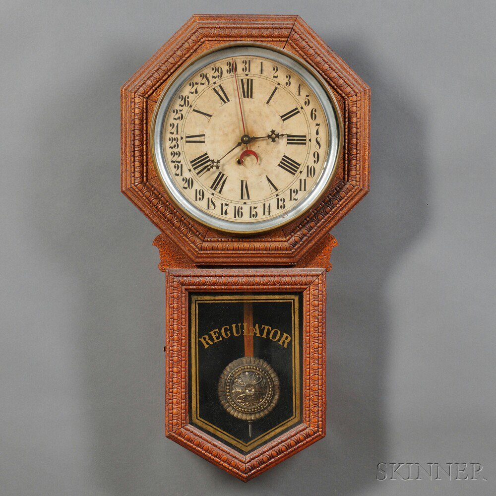 Appraisal: Ingraham Hartford Regulator Wall Calendar Clock pressed oak long drop