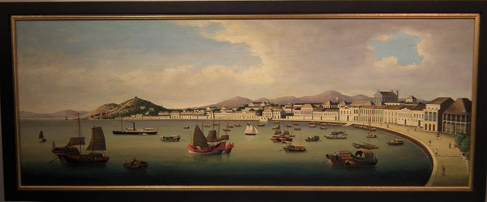 Appraisal: SIGNED CHINA TRADE OIL PAINTING - MACAO BAY Large panoramic