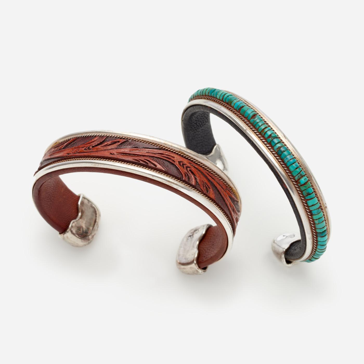 Appraisal: CHARLIE FAVOUR TWO LEATHERWORK AND TURQUOISE CUFFS Charlie Favour Arizona