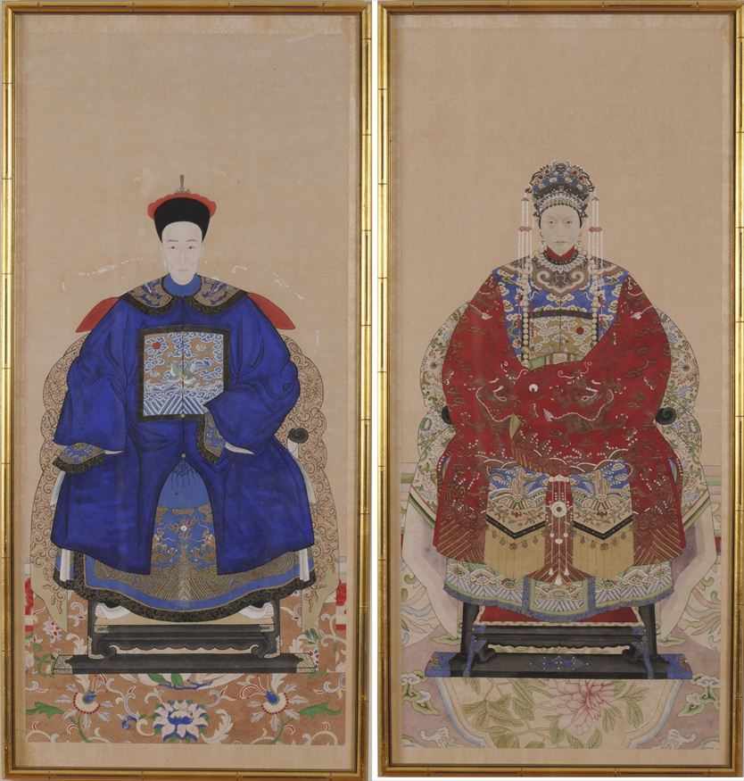 Appraisal: CHINESE SCHOOL A PAIR OF ANCESTOR PORTRAITS Gouache on paper