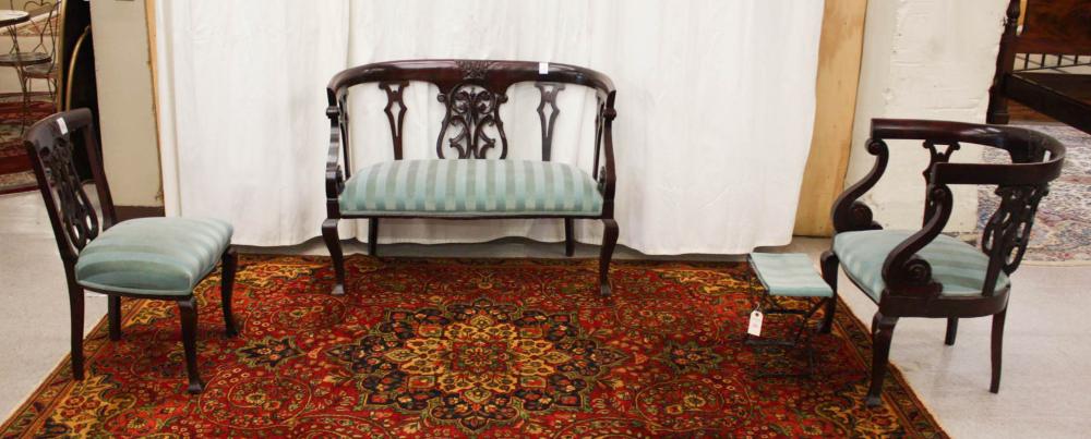 Appraisal: THREE-PIECE SEATING FURNITURE SET PLUS FOOTSTOOL Empire Revival style mahogany