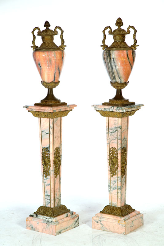 Appraisal: PAIR OF MARBLE PEDESTALS WITH URNS American or European mid