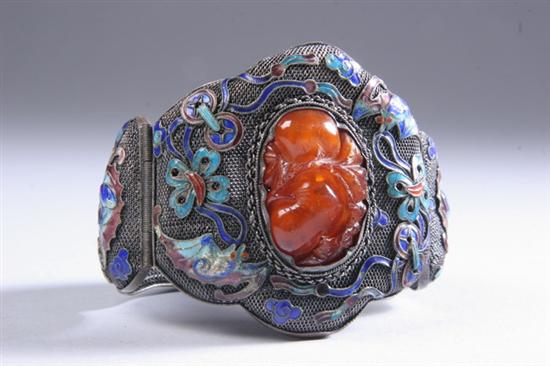 Appraisal: CHINESE ENAMELLED SILVER FILIGREE AND AMBER BRACELET - in long