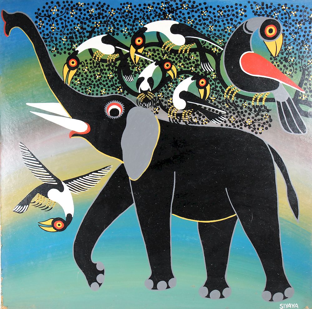 Appraisal: Siyaya Vintage Painting of Elephant Toucans Siyaya Vintage Painting of