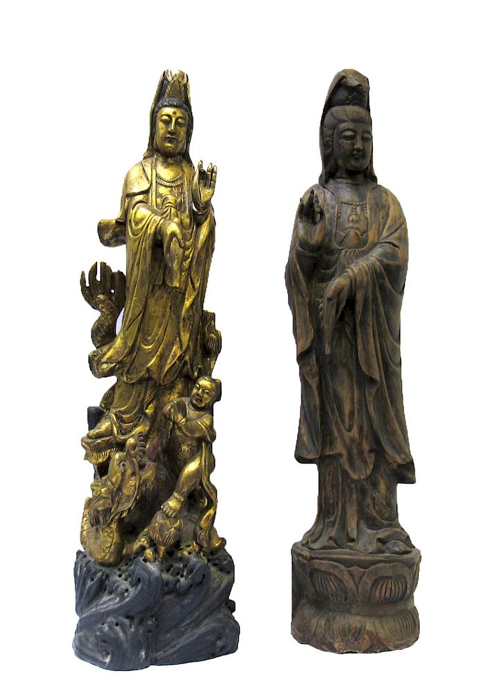 Appraisal: Pair of Large Carved Wood Figures of Guanyin One gilded