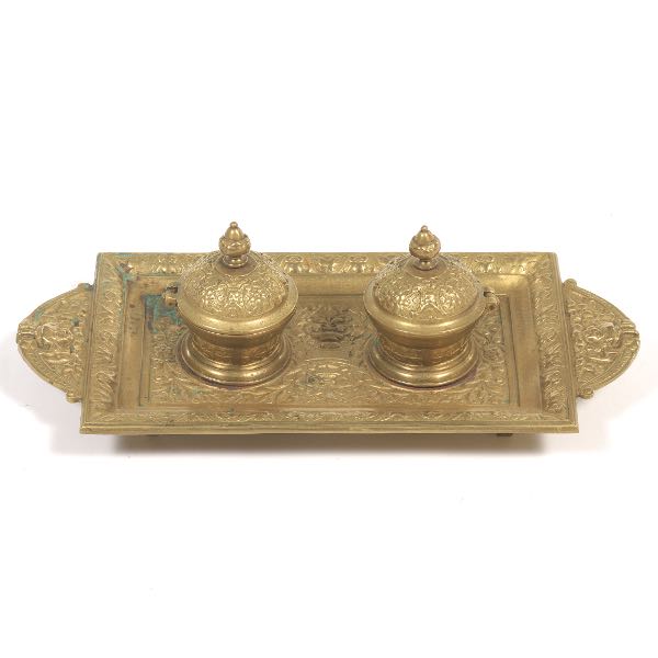 Appraisal: GERMAN RENAISSANCE REVIVAL GILT BRONZE DOUBLE INKWELL STANDISH CA LATE