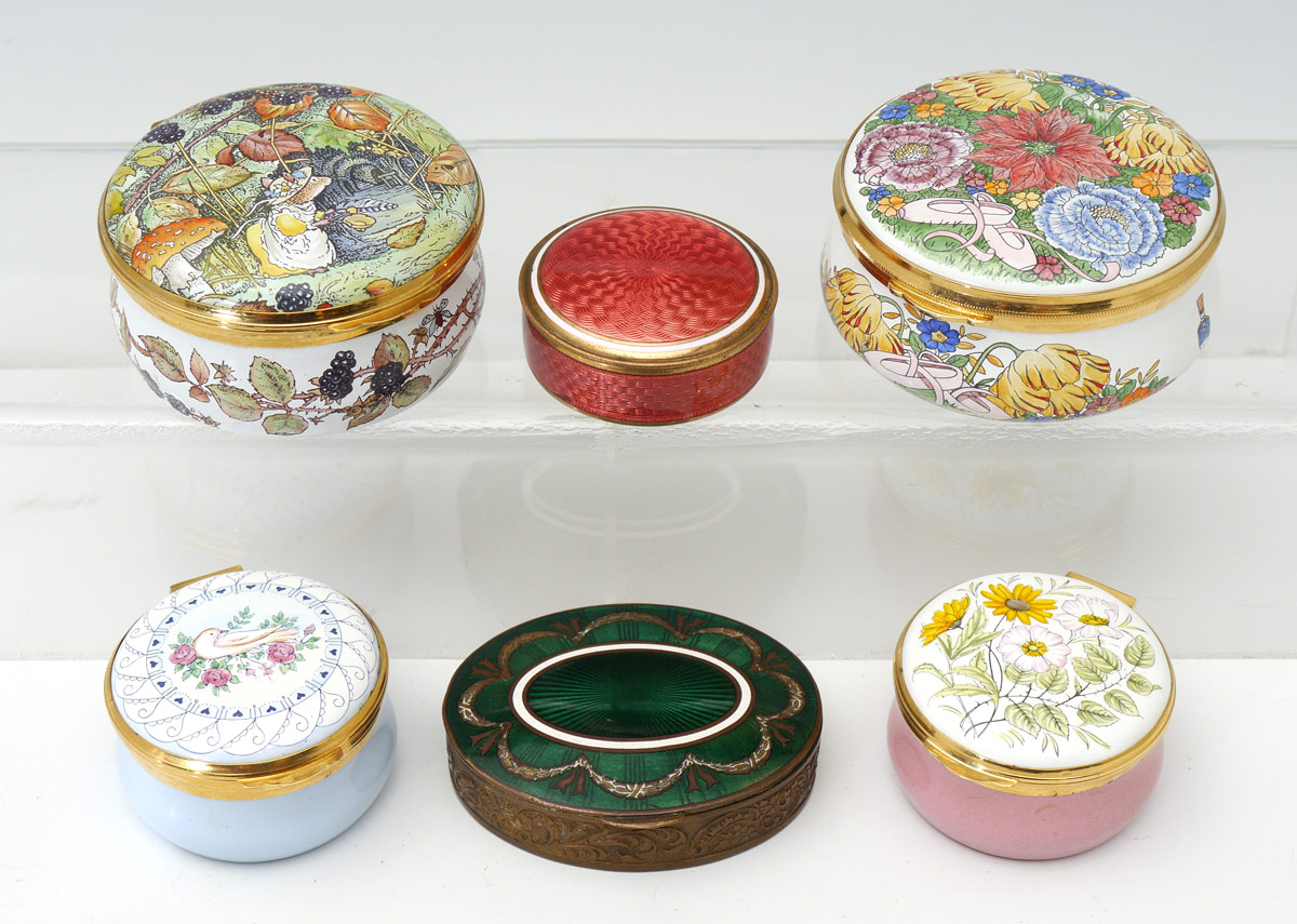 Appraisal: ENGLISH ENAMEL BOXES Makers to include Staffordshire Enamels Atasha Tudor