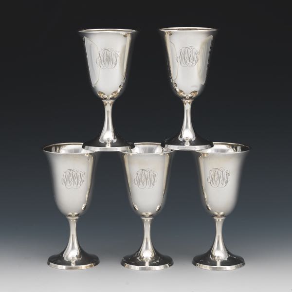 Appraisal: FIVE INTERNATIONAL STERLING SILVER GOBLETS x Tulip form sterling silver