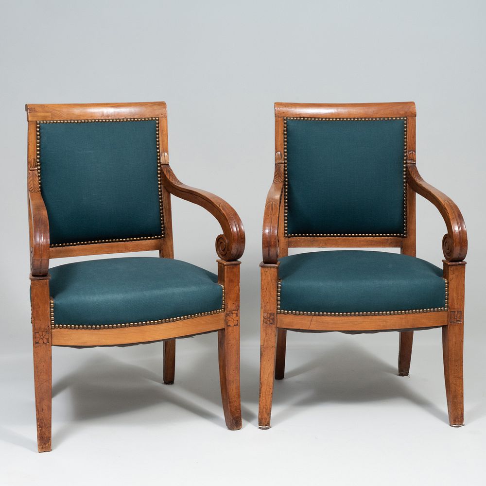 Appraisal: Pair of Empire Style Fruitwood Fauteuils en Cabriolet x x