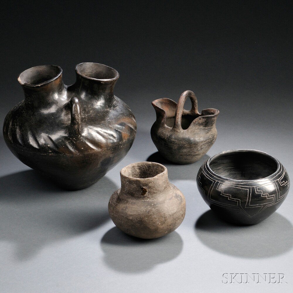 Appraisal: Four Southwest Blackware Pottery Items ht to in Estimate -