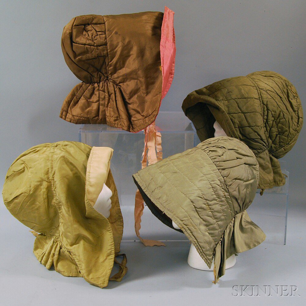 Appraisal: Four Quilted Bonnets America - a taupe quilted silk bonnet