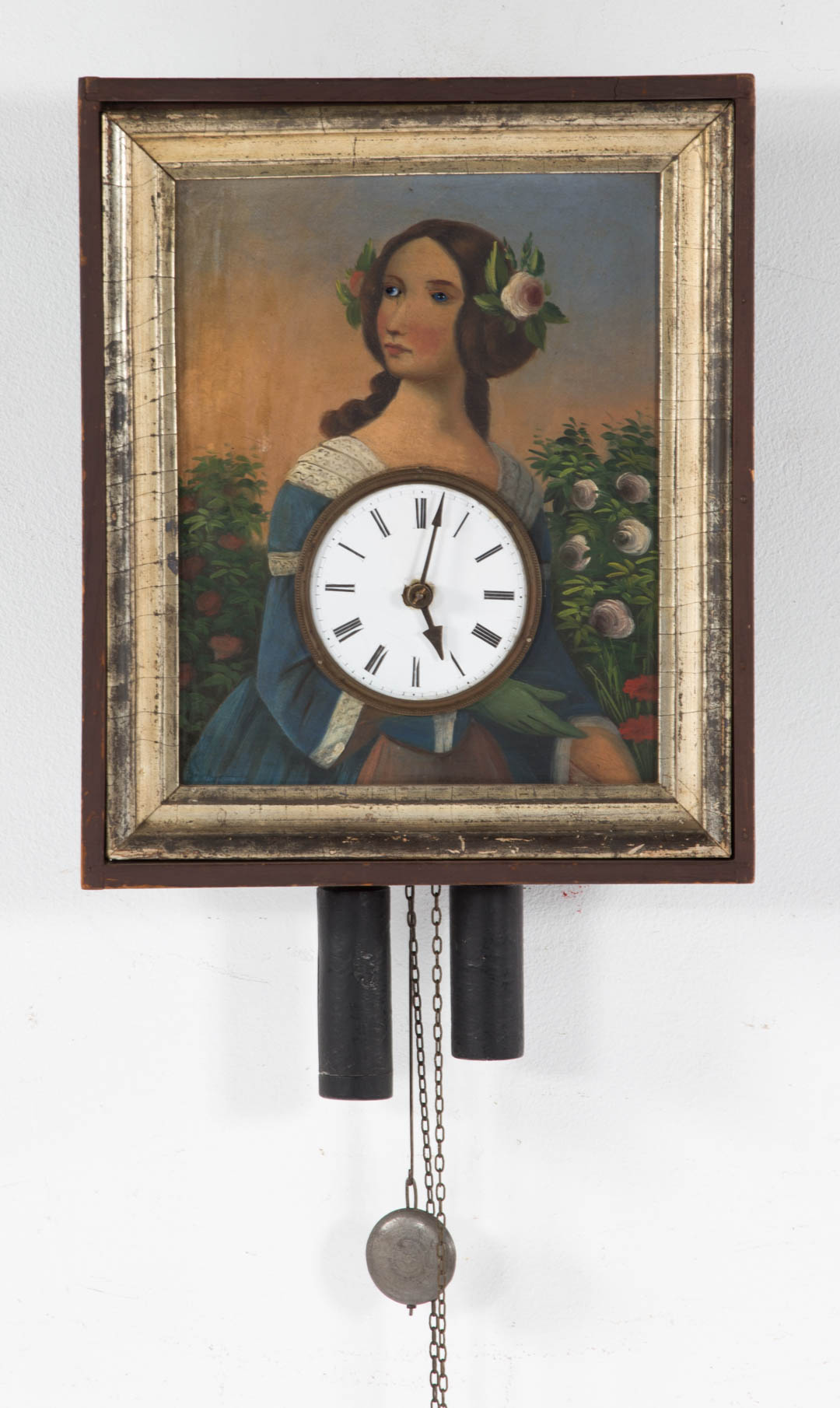 Appraisal: German painted portrait blinking eye clock late th century portrait